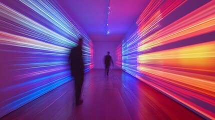 Aufkleber - Colored light streams create dynamic motion in an art gallery. Generative AI