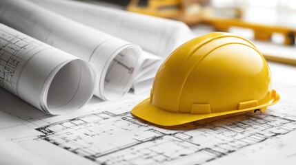 Poster - Yellow Hard Hat on Construction Plans for Building Project