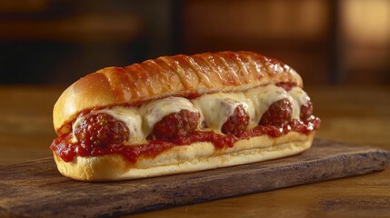 Poster - Freshly prepared meatball sandwich on a rustic wooden cutting board, great for food styling and recipe images