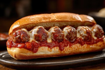 Poster - A delicious-looking meatball sub sandwich served on a plate, perfect for a quick lunch or dinner