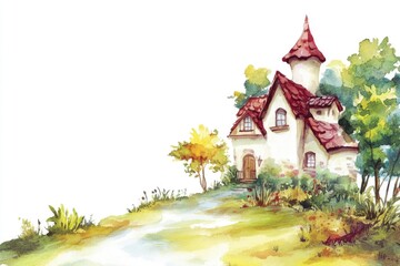 Poster - A beautiful watercolor painting of a church perched on a hill, surrounded by greenery