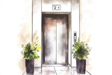 Poster - A personable door with a vibrant plant growing in front, ideal for use as a symbol of new beginnings or a welcome gesture