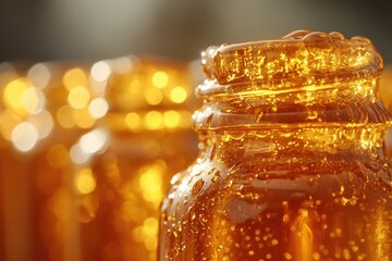 Poster - A close-up shot of a jar of honey with a golden liquid and a rustic lid