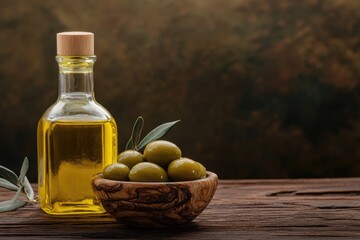 Aufkleber - A bottle of olive oil sits next to a bowl of olives, perfect for cooking or as a decorative centerpiece
