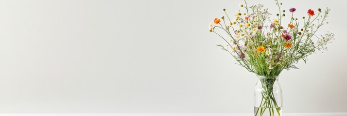 Aufkleber - Wildflowers arranged in a clear vase on a minimalistic background with ample copy space for text or design. Generative AI