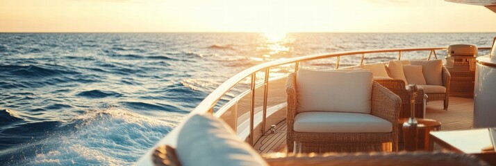 Poster - Luxury yacht deck with elegant furniture overlooking serene ocean at sunset. Generative AI