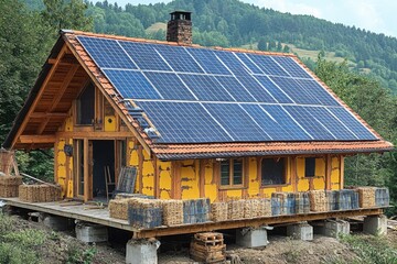 Wall Mural - A house with a solar panel installed on its roof for renewable energy