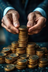 Poster - Close-up of a person holding a stack of coins, potentially saving or investing
