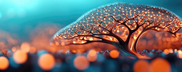 Poster - Mahogany tree abstract background idea. A magical illuminated tree against a dreamy blue background, creating an enchanting atmosphere.