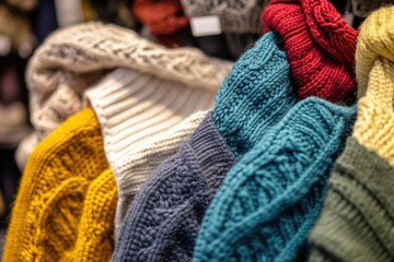 Poster - A rack of vibrant, hand-knitted scarves displayed on a wall, perfect for a store display or craft fair