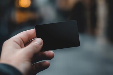 Poster - Hand holding a sleek black gift card with copy space for mock up and text placement in an urban setting. Generative AI