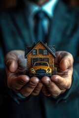 Poster - A businessman holds a small scale model of a house, likely for presentation or display