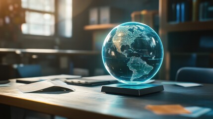 Poster - Futuristic Transparent Globe on Table in Modern Office Setting