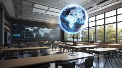 Poster - Modern Classroom with Digital World Map and Floating Globe Display