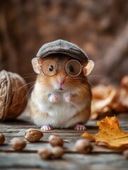 Poster - Cute hamster with glasses and cap surrounded by nuts and leaves in cozy autumn setting. Generative AI