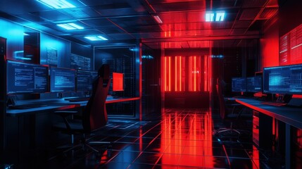 Poster - Futuristic High-Tech Office with Cool Red and Blue Lighting