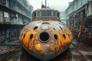 Poster - Abandoned submarine stored in a warehouse, suitable for historical or industrial-themed projects