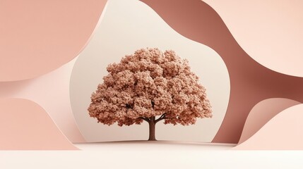 Sticker - Oak tree abstract background idea. A stunning tree with pastel blooms against a minimalist backdrop, showcasing nature's beauty.