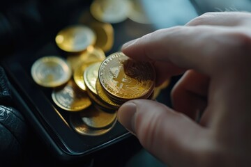 Aufkleber - A person holding a single coin in front of a pile of coins, great for financial or wealth related concepts