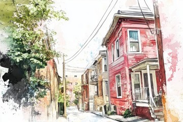 Poster - A quaint street scene in a small town, featuring old buildings and lush greenery