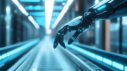 Poster - Futuristic Robotic Hand Reaching Over Conveyor Belt