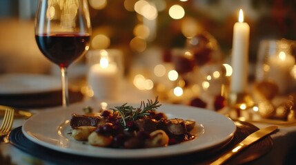 Poster - Elegant gourmet dining experience with exquisite dish and fine wine at a beautifully set table. Generative AI