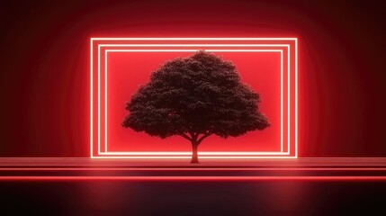 Poster - Mahogany tree abstract background idea. A glowing tree framed by neon lights against a vibrant backdrop, symbolizing nature and art.