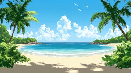 Wall Mural - Tropical beach scene with palm trees, peaceful ocean, and clear blue sky.