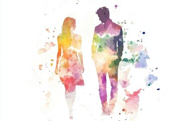 Poster - A romantic watercolor painting of a man and a woman, with soft colors and delicate details