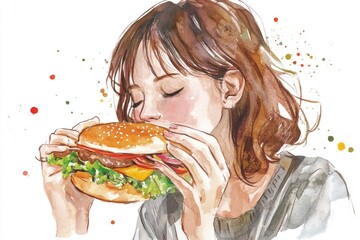 Poster - A woman enjoying a burger, perfect for food or lifestyle images