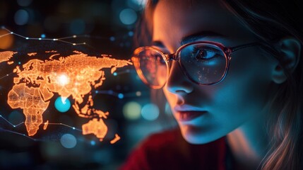 Poster - Intelligent Woman Engaging with Digital World Map Technology