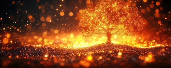 Poster - Maple tree abstract background concept. A glowing tree illuminates an enchanting landscape with vibrant orange and warm hues.