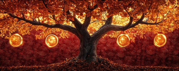 Poster - Maple tree abstract background concept. A majestic tree with vibrant autumn leaves adorned with glowing coins.