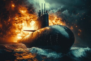 Wall Mural - A submarine on fire underwater, with flames shooting up from the vessel