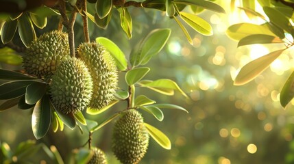 durian fruit on a tree branch in sunlight. lush green leaves surround the fruit.