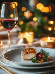 Poster - Luxurious dining table set with gourmet dish and elegant wine in a warm, inviting atmosphere. Generative AI
