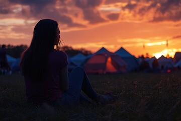 Poster - A woman sits in a field at the moment of sunset, surrounded by nature