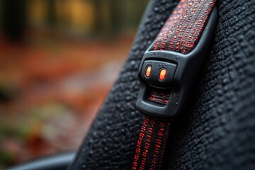 Poster - A close-up view of a seat belt in a car, highlighting the safety features and design
