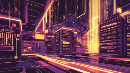 Poster - Neon Cityscape Illuminated Serverscape Digital Architecture