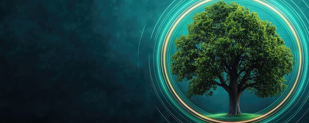 Poster - Oak tree abstract background idea. A vibrant tree surrounded by glowing circles on a dark background, representing nature.