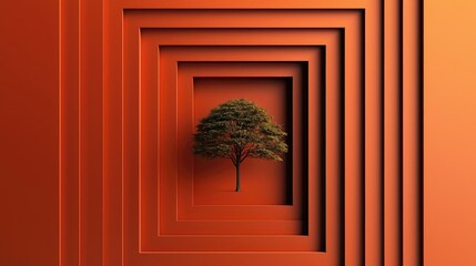 Poster - Mahogany tree abstract background idea. A solitary tree stands amidst vibrant orange geometric shapes, symbolizing nature's beauty.