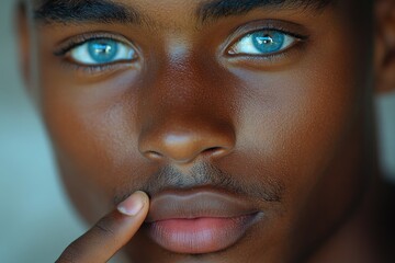 Aufkleber - A detailed image of a person's face with bright blue eyes, ideal for use in portraits, identity documents or personal branding