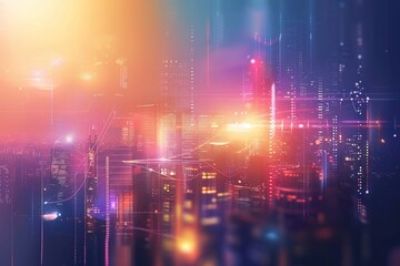 Poster - Cityscape with a bright orange sky and a city skyline