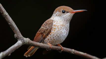 Wall Mural - Beautiful close-up of a small hummingbird perched on a slender branch, showcasing vibrant plumage and intricate feathers against a dark background