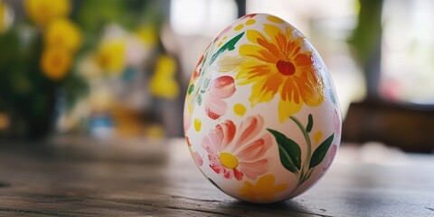Leinwandbilder - A painted egg sits atop a wooden table, ready for display or decoration