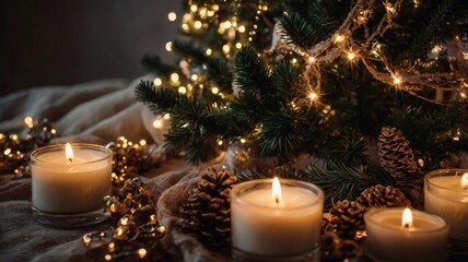 Wall Mural - Burning candles on the background of a Christmas tree in a cozy living room.