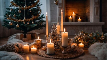 Wall Mural - Burning candles on the background of a Christmas tree in a cozy living room.
