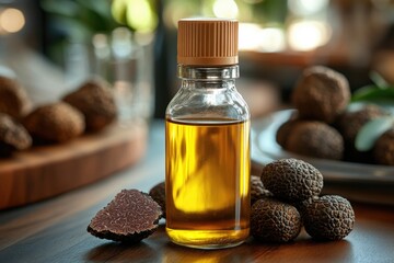 Poster - A bottle of oil sits atop a wooden table, providing a simple yet functional scene for various uses