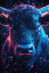 Poster - Abstract bull with glowing effects on a technological digital background