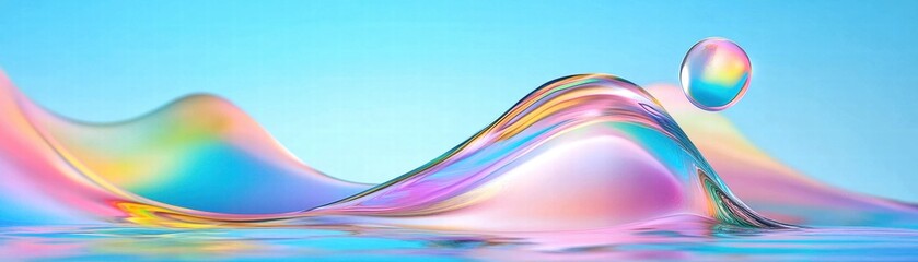 Wall Mural - Colorful abstract waves with smooth curves and a bubble on a blue background.